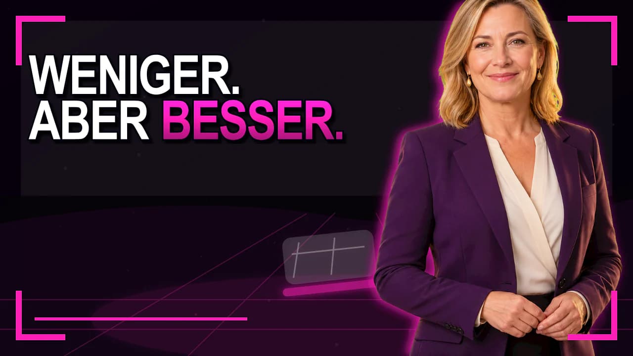 Thumbnail mit einer Frau und dem Text „Weniger. Aber besser.“ auf dunklem Hintergrund
