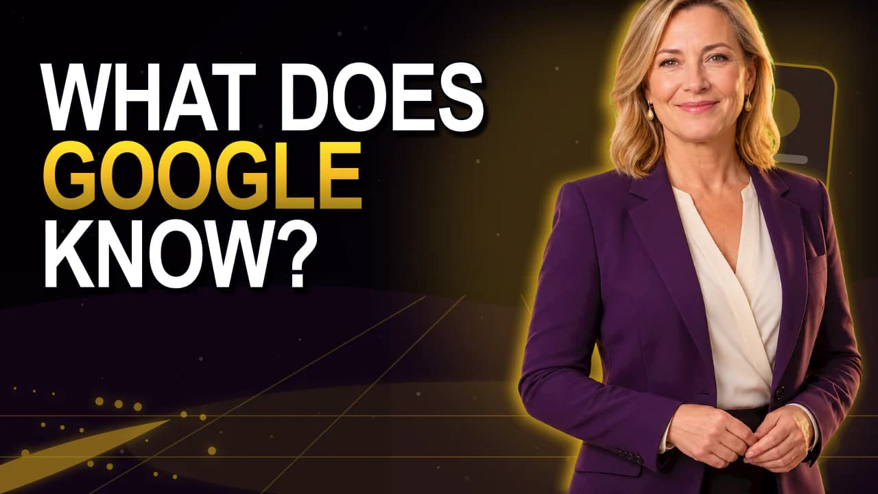 Thumbnail with a woman on the right and the question “What does Google know?” on the left