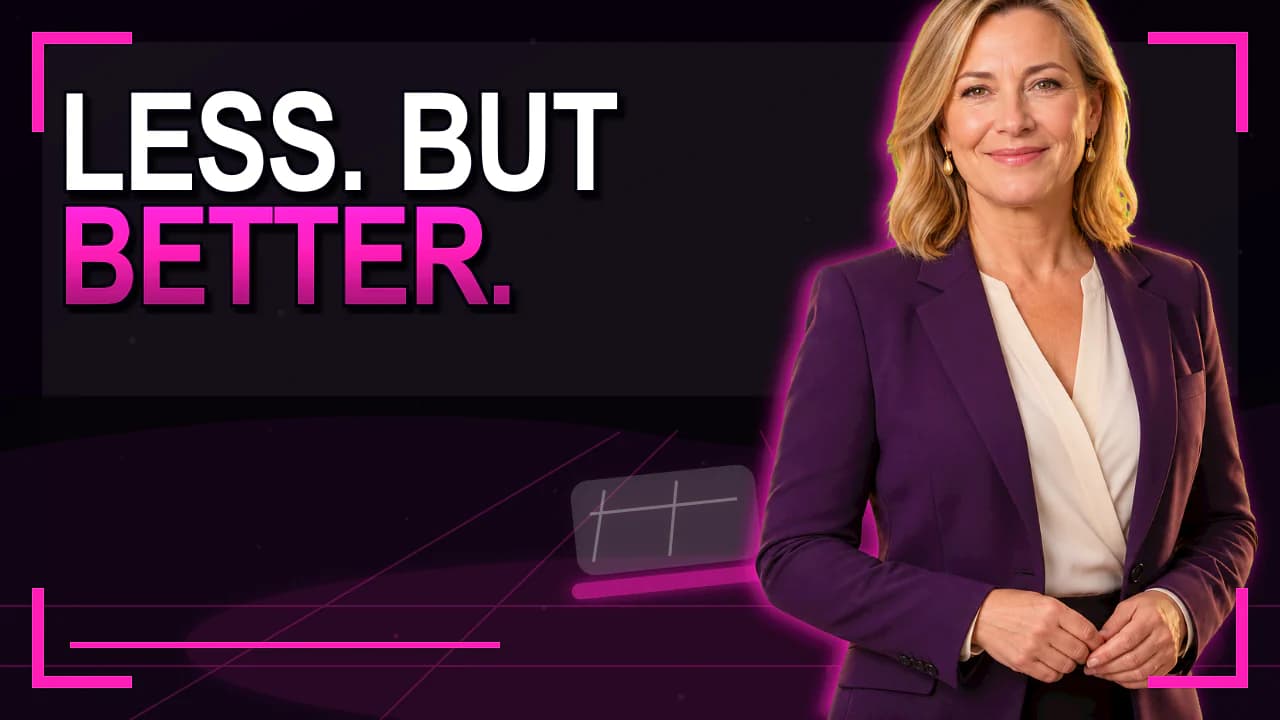 Thumbnail with a woman and the words “Less. But better.” on a dark background